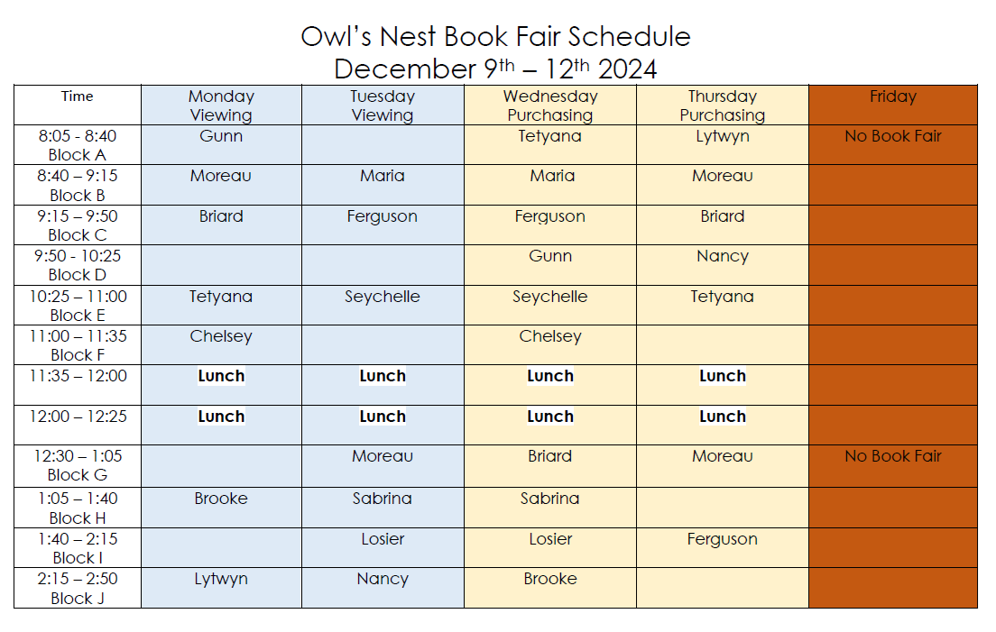 Book Fair Schedule